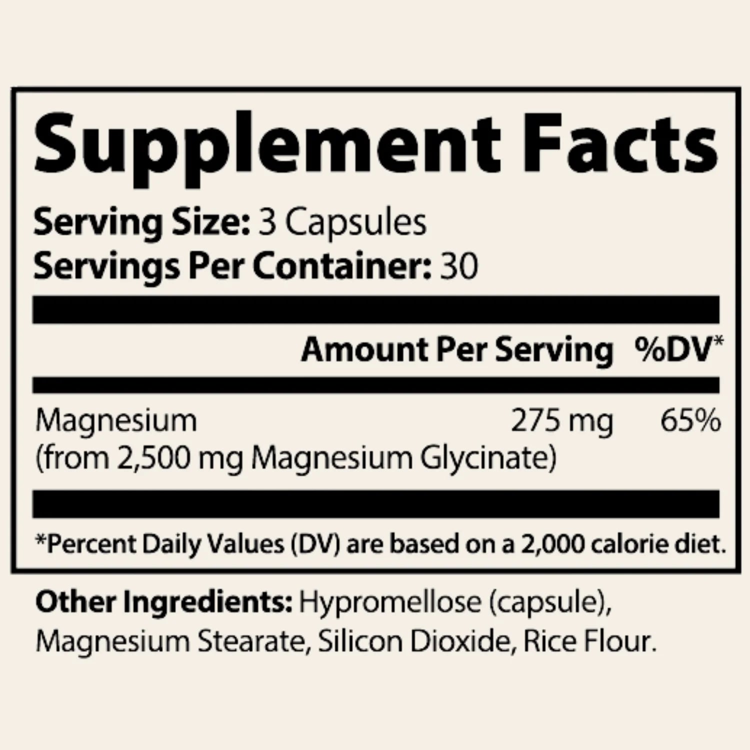 Supplement facts label with magnesium content and serving details on a beige background