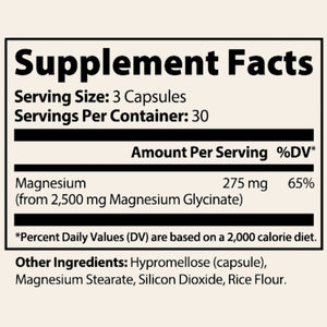 Supplement facts label with magnesium content and serving details on a beige background