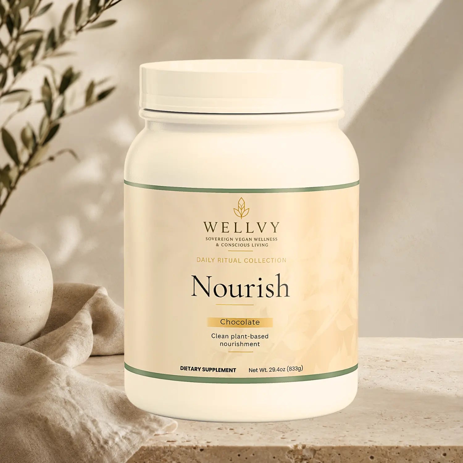 Wellvy Nourish chocolate supplement container on a neutral background
