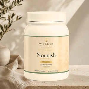 Wellvy Nourish chocolate supplement container on a neutral background