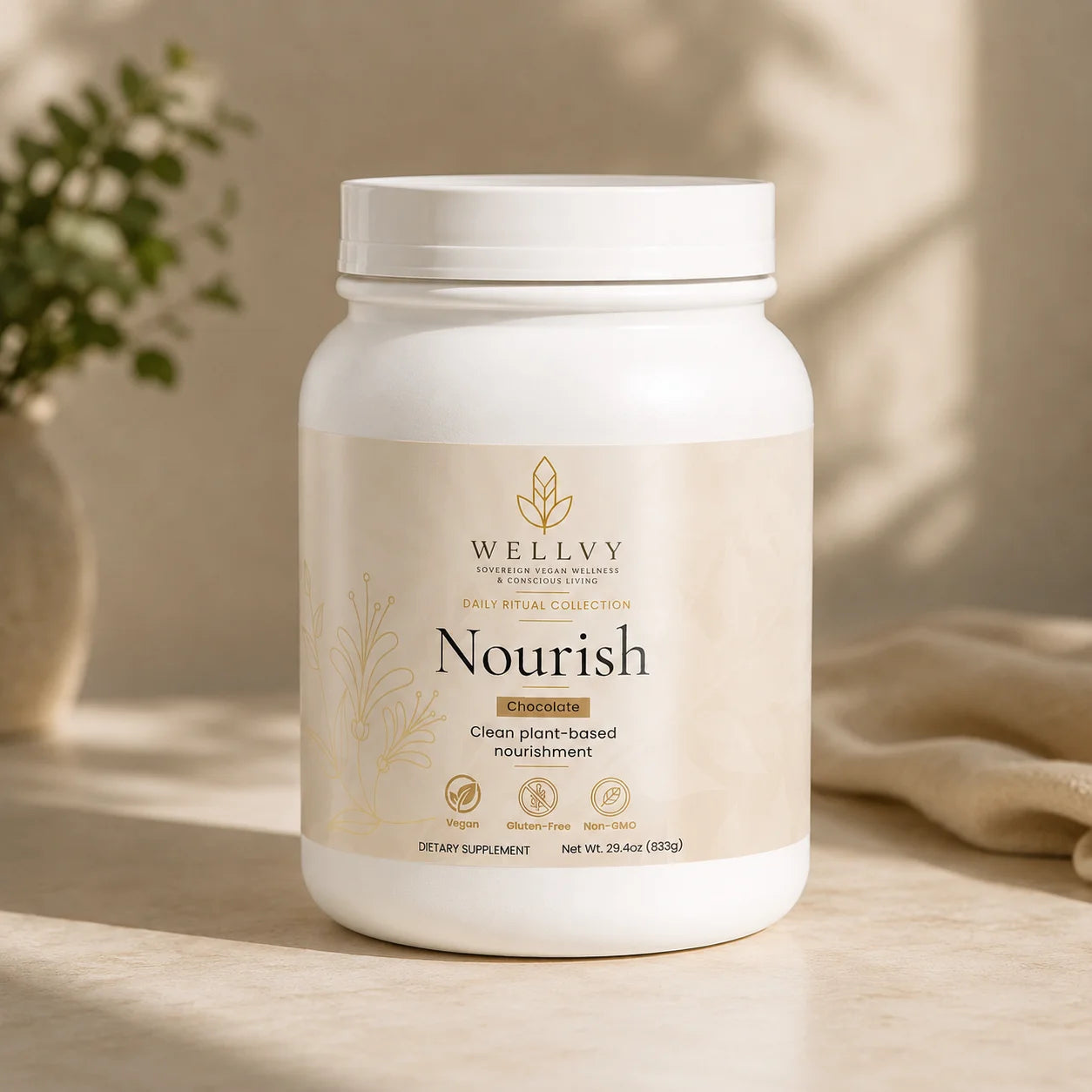 White container labeled 'Nourish' by WELLVY on a wooden surface with a blurred natural background