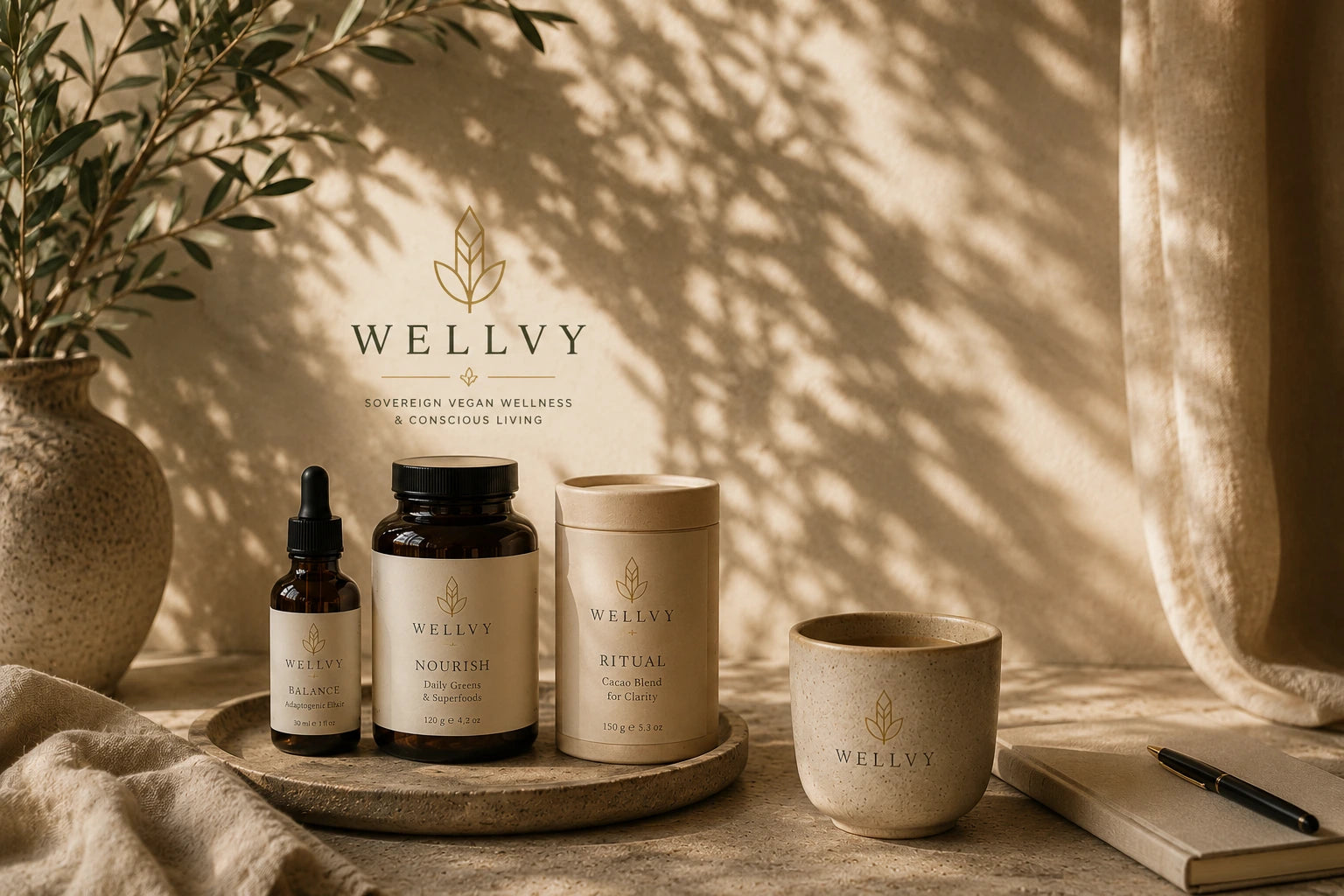 Wellvy products including bottles, a mug, and a notebook on a wooden surface with a plant and branded backdrop.