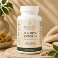 Supplement bottle labeled 'Welly Sea Moss Complex' on a wooden surface with natural elements.