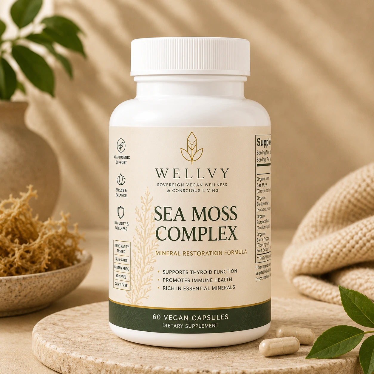Supplement bottle labeled 'Welly Sea Moss Complex' on a wooden surface with natural elements.