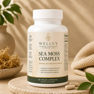 Supplement bottle labeled 'Welly Sea Moss Complex' on a wooden surface with natural elements.