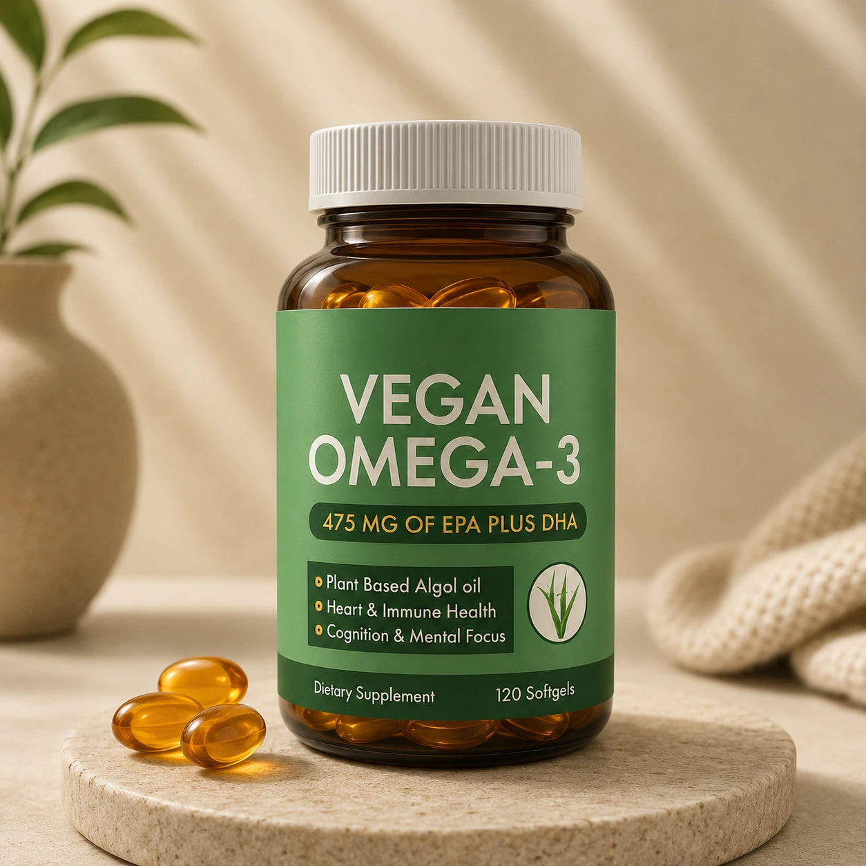 Vegan Omega-3 supplement bottle with green label on a neutral background