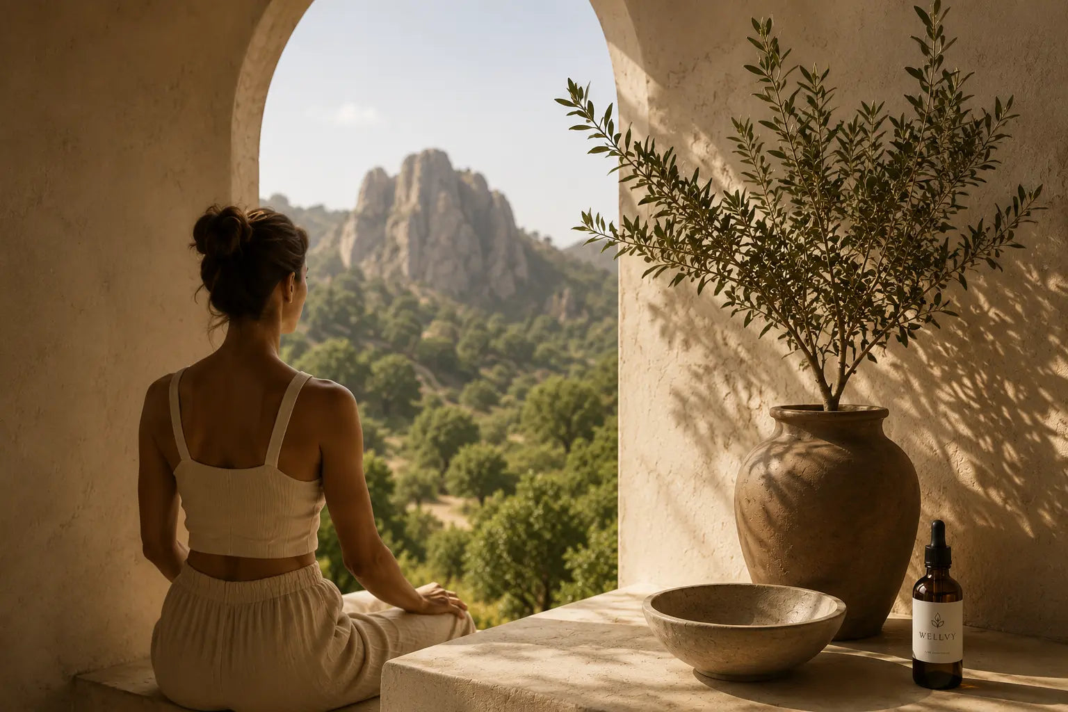 Woman sitting in a meditative pose on a balcony with a scenic view, a vase, and a bottle on a ledge.