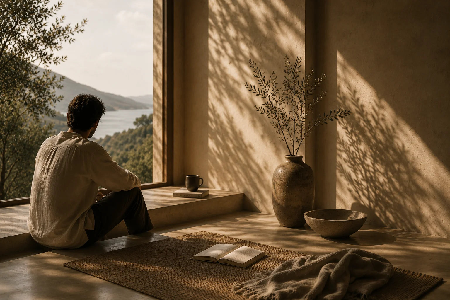 Person sitting by a window with a view of nature, surrounded by a vase, bowl, and book.